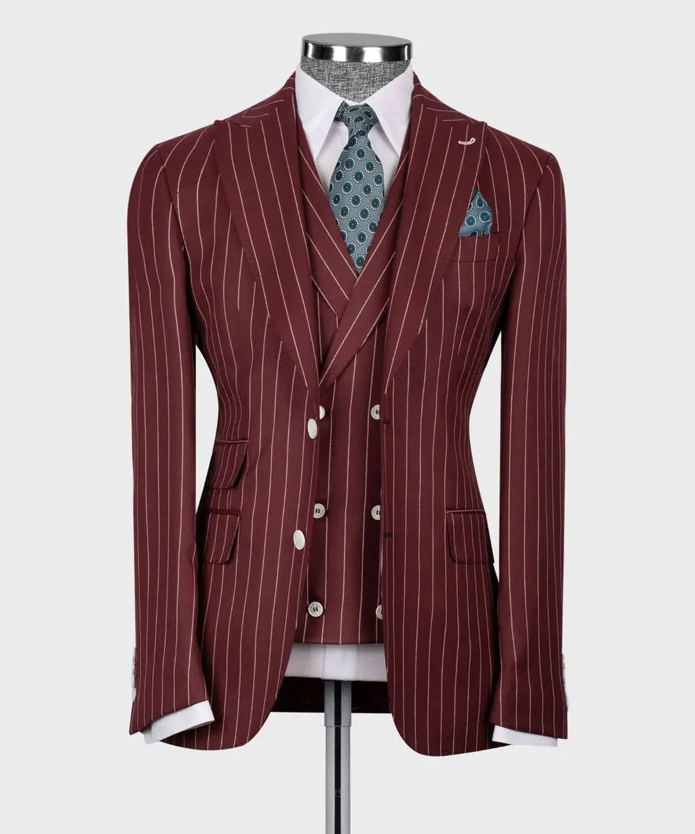 Men's Suit Set, %100 Wool, Striped, Burgundy — photograph 1