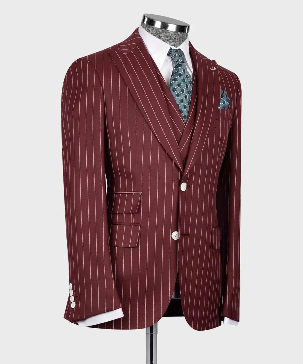 Men's Suit Set, %100 Wool, Striped, Burgundy — photograph 5