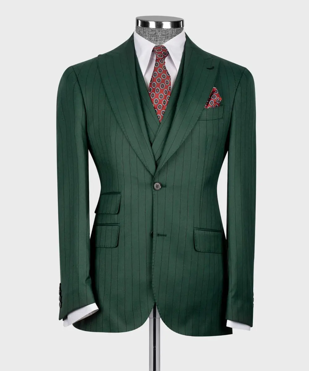 Men's Suit Set, %100 Wool, Striped, Green — photograph 3