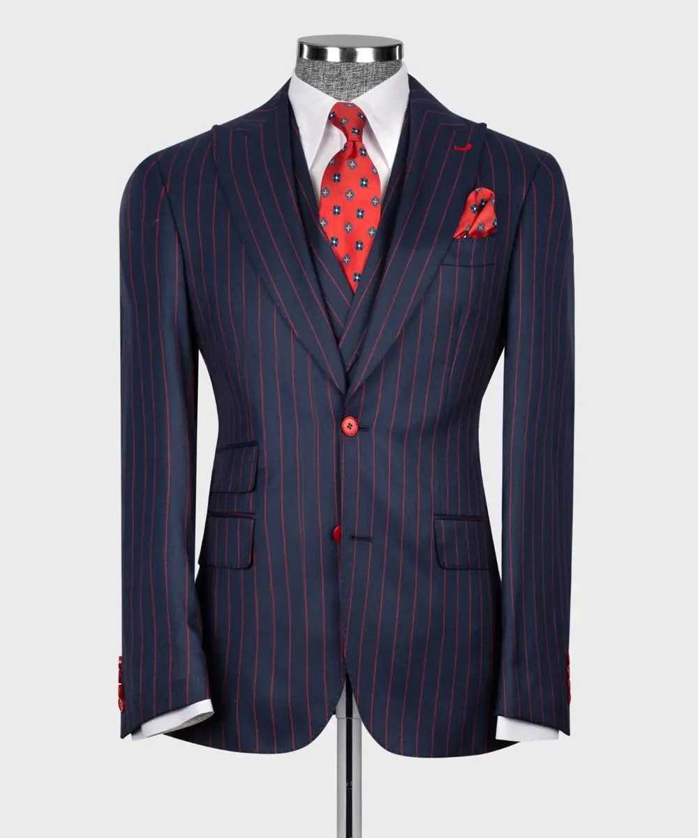 Men's Suit Set, %100 Wool, Striped, Navy — photograph 1