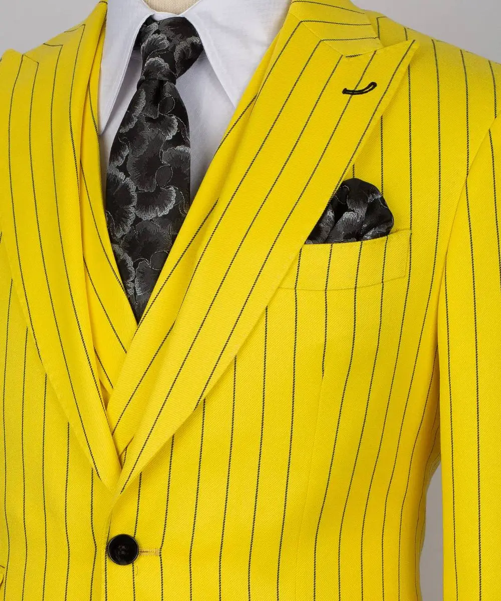 Men's Suit Set, %100 Wool, Striped, Yellow — photograph 2