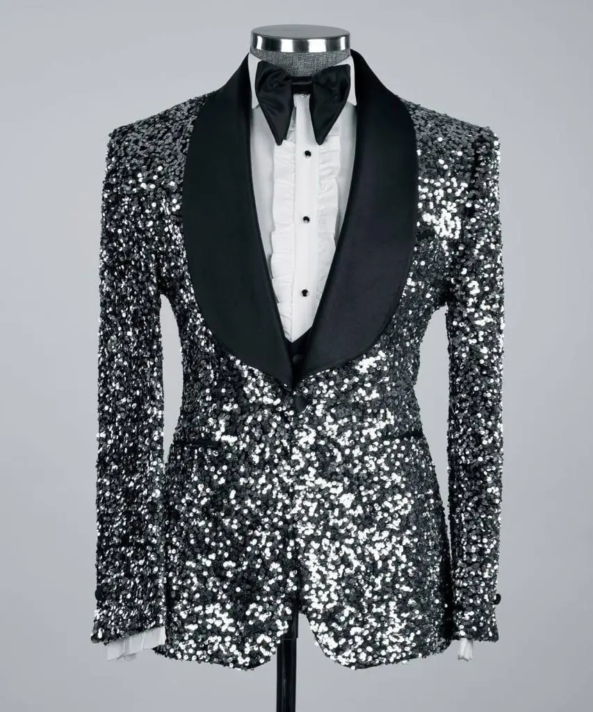 Men's 3 Piece Sequin Grey/Black Tuxedo — photograph 3