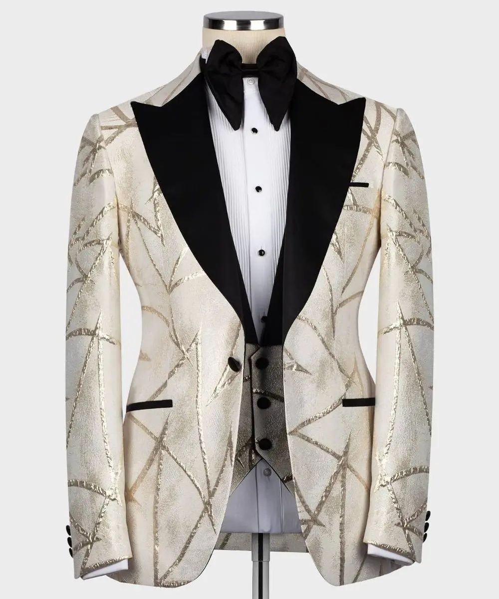 Men's Tuxedo -Cream -Golden Pattern with Black Collar — photograph 1