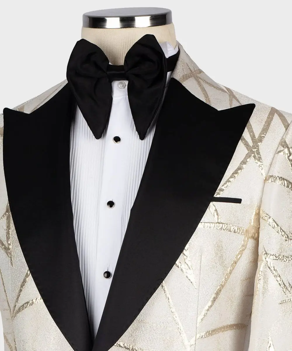 Men's Tuxedo -Cream -Golden Pattern with Black Collar — photograph 2