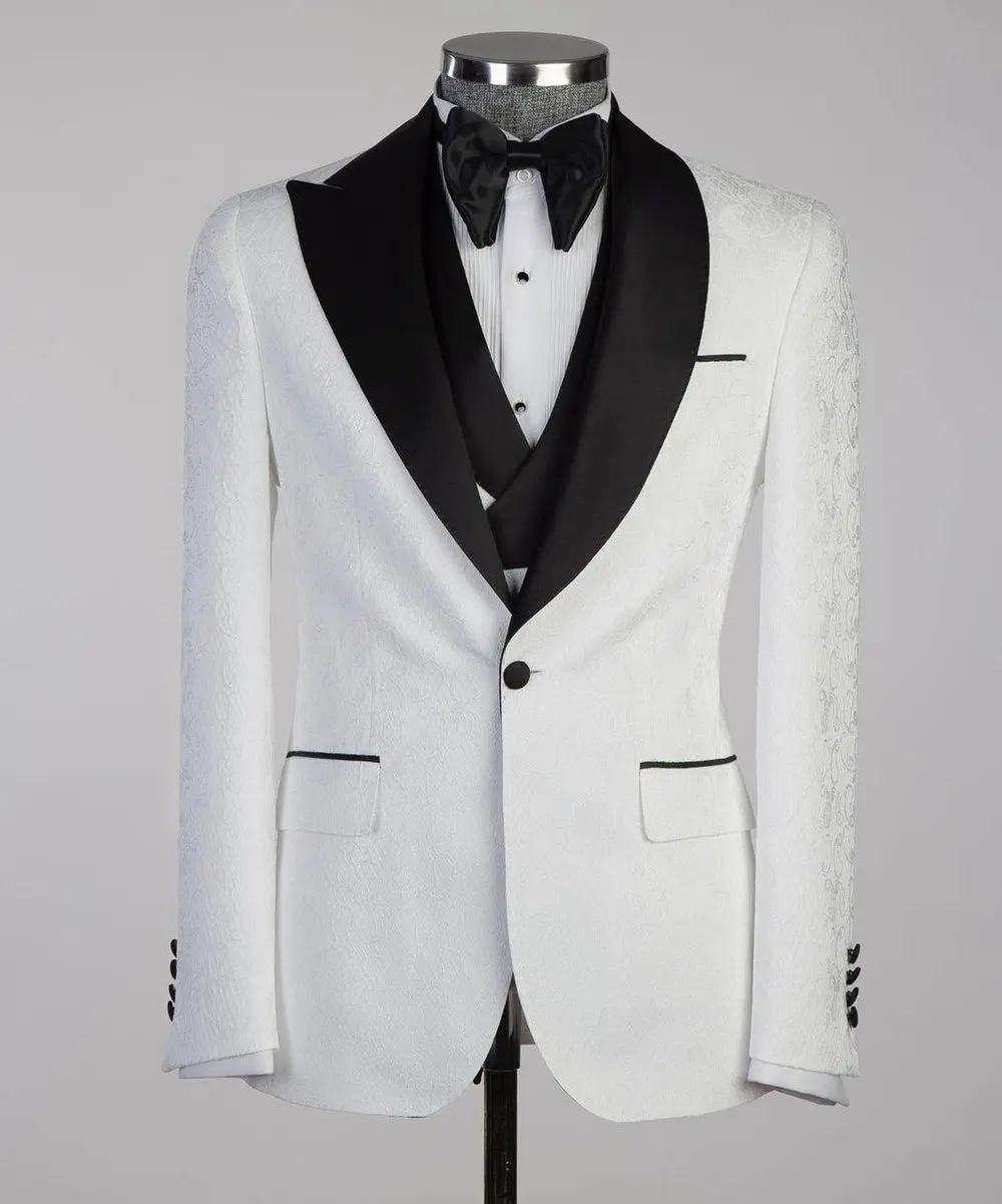 Men's White Tuxedo-Asymmetrical Black Satin Lapel — photograph 4