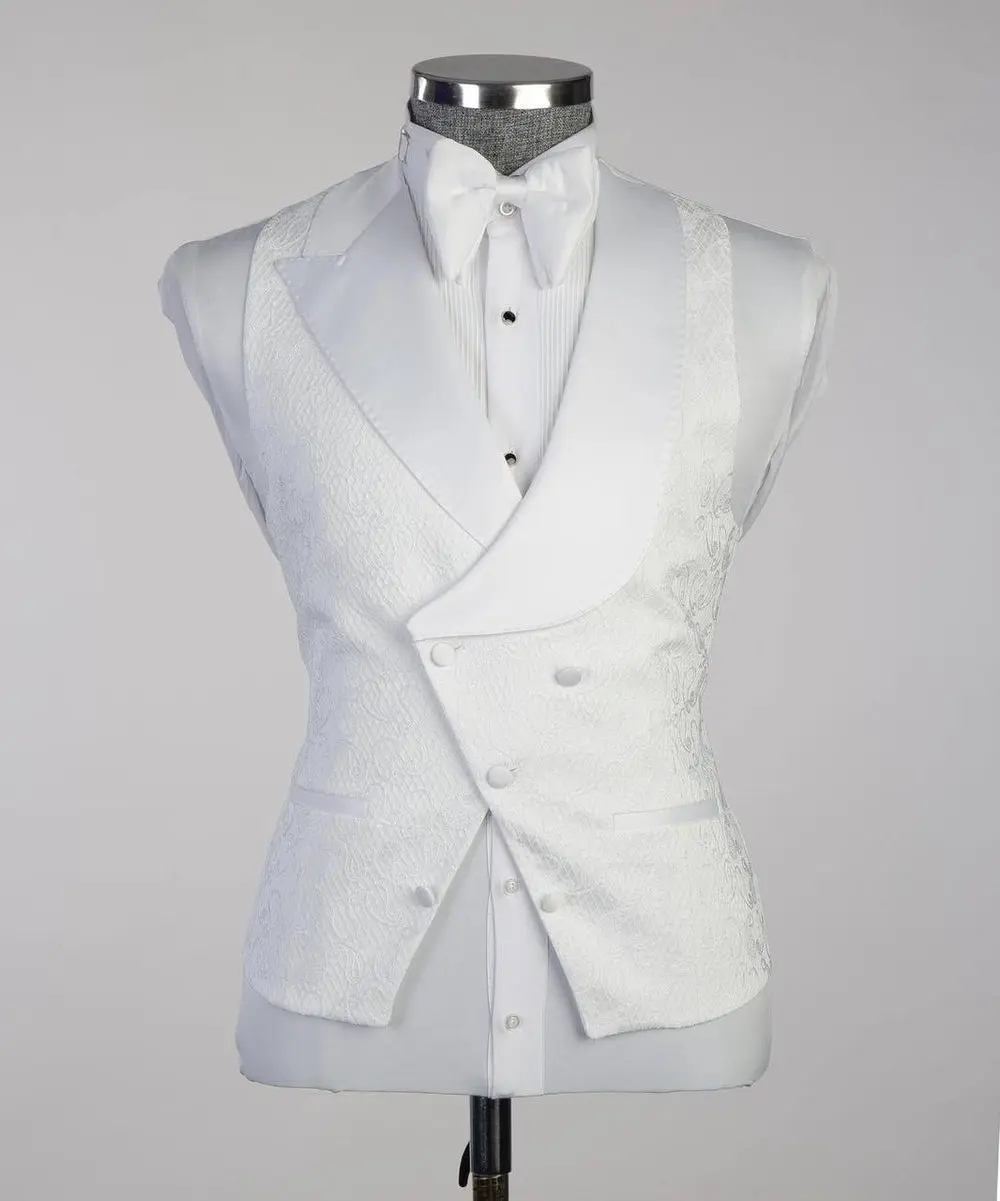 Men's White Patterned Tuxedo-Asymmetrical Satin Lapel — photograph 2