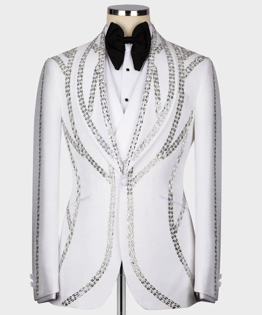 Men's White Tuxedo, Silver Gem Stoned — photograph 3