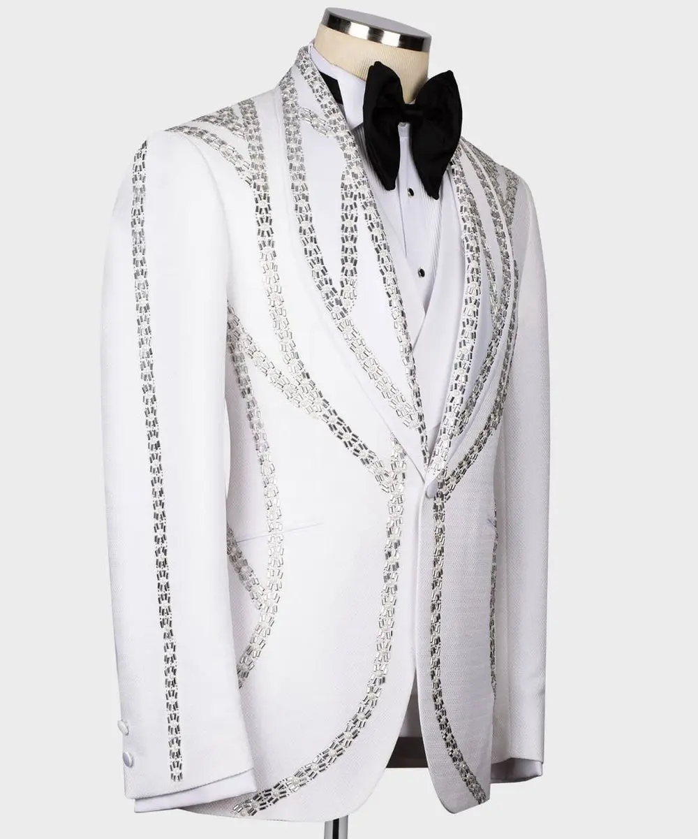 Men's White Tuxedo, Silver Gem Stoned — photograph 4