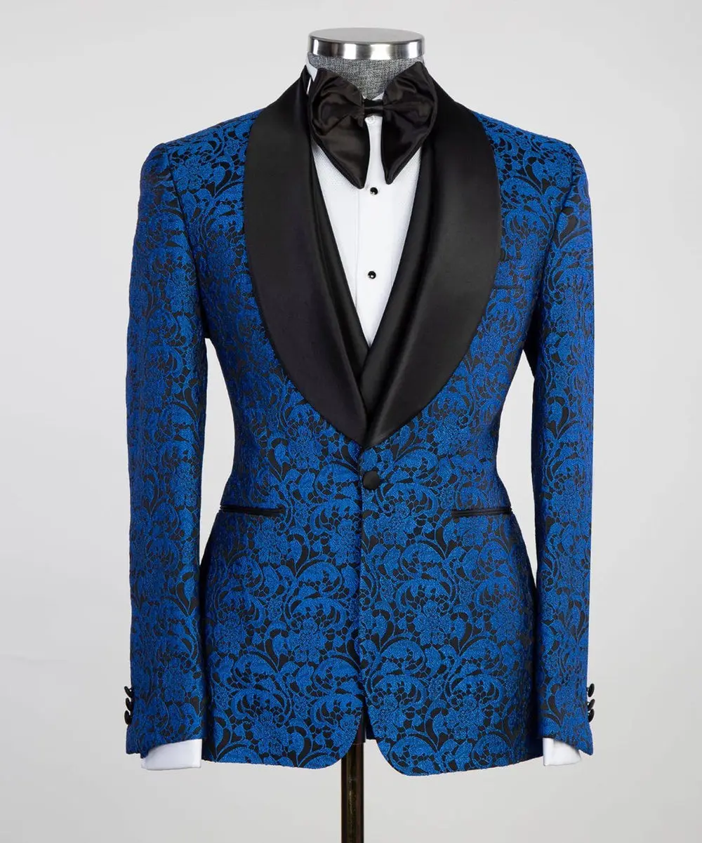 Men's 3 Piece Blue-Tuxedo Black Satin Lapel — photograph 1