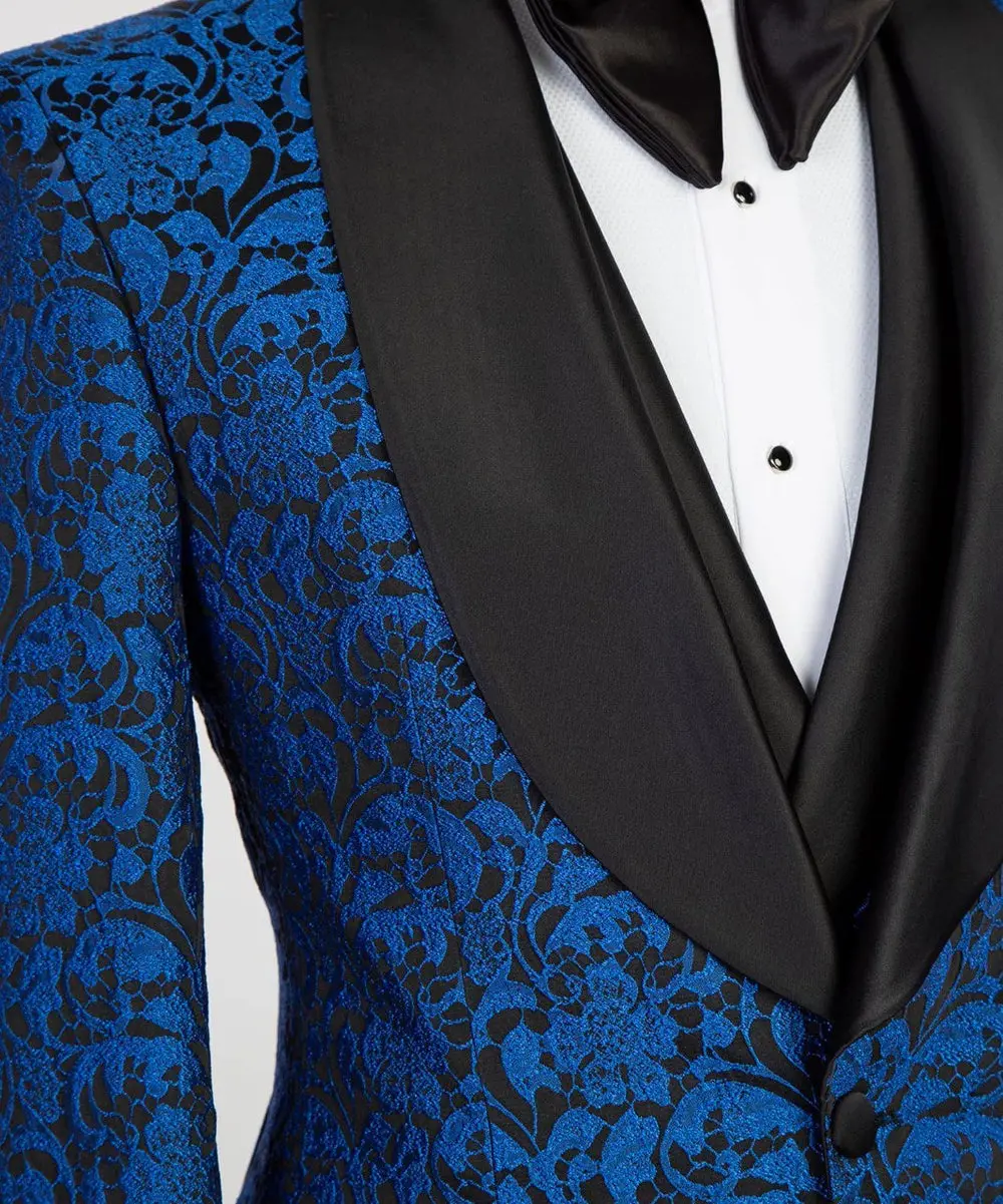 Men's 3 Piece Blue-Tuxedo Black Satin Lapel — photograph 2