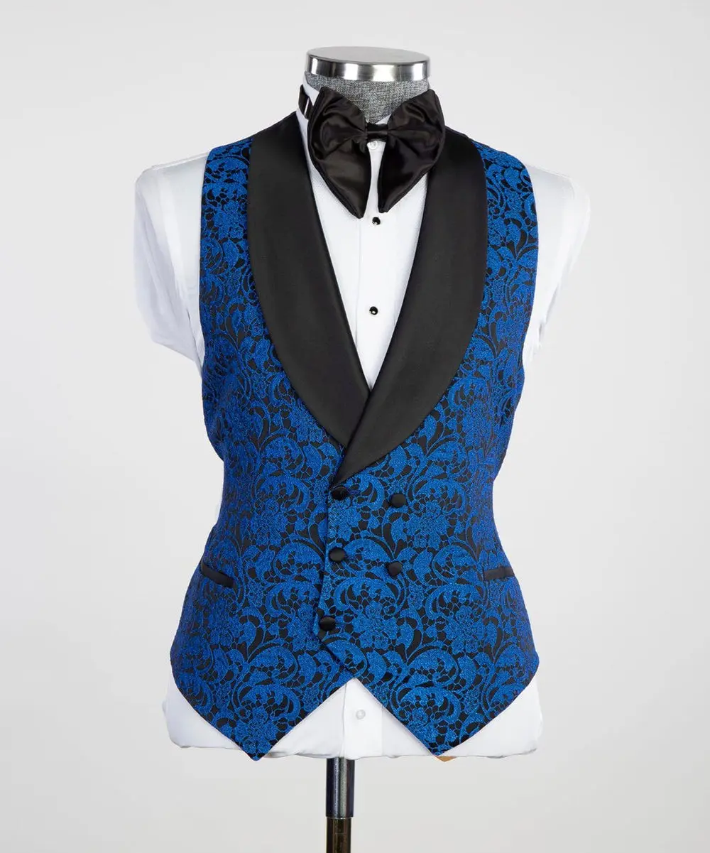 Men's 3 Piece Blue-Tuxedo Black Satin Lapel — photograph 4