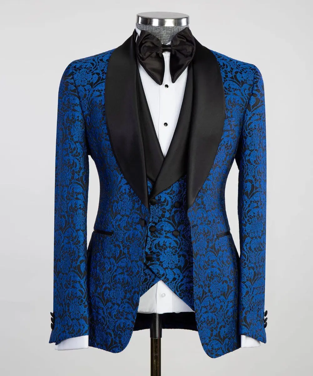 Men's 3 Piece Blue-Tuxedo Black Satin Lapel — photograph 5