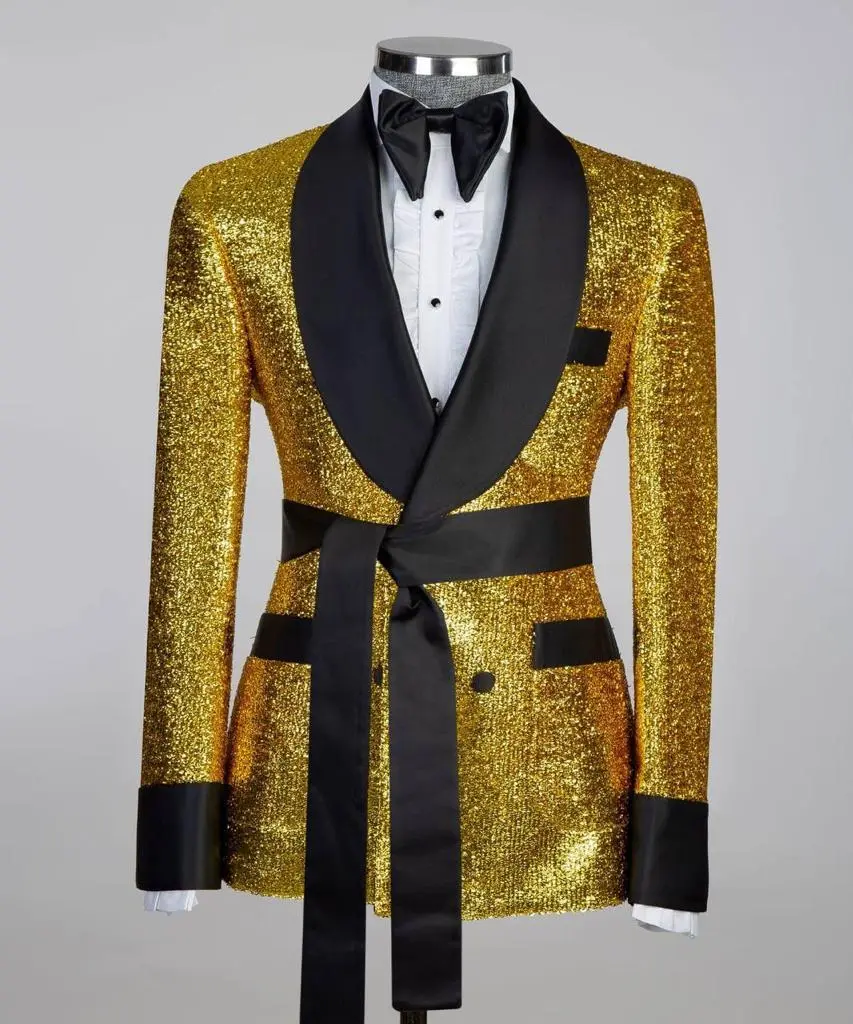 Men's 3 Piece Double Breasted Black and Shiny Gold Tuxedo — photograph 1
