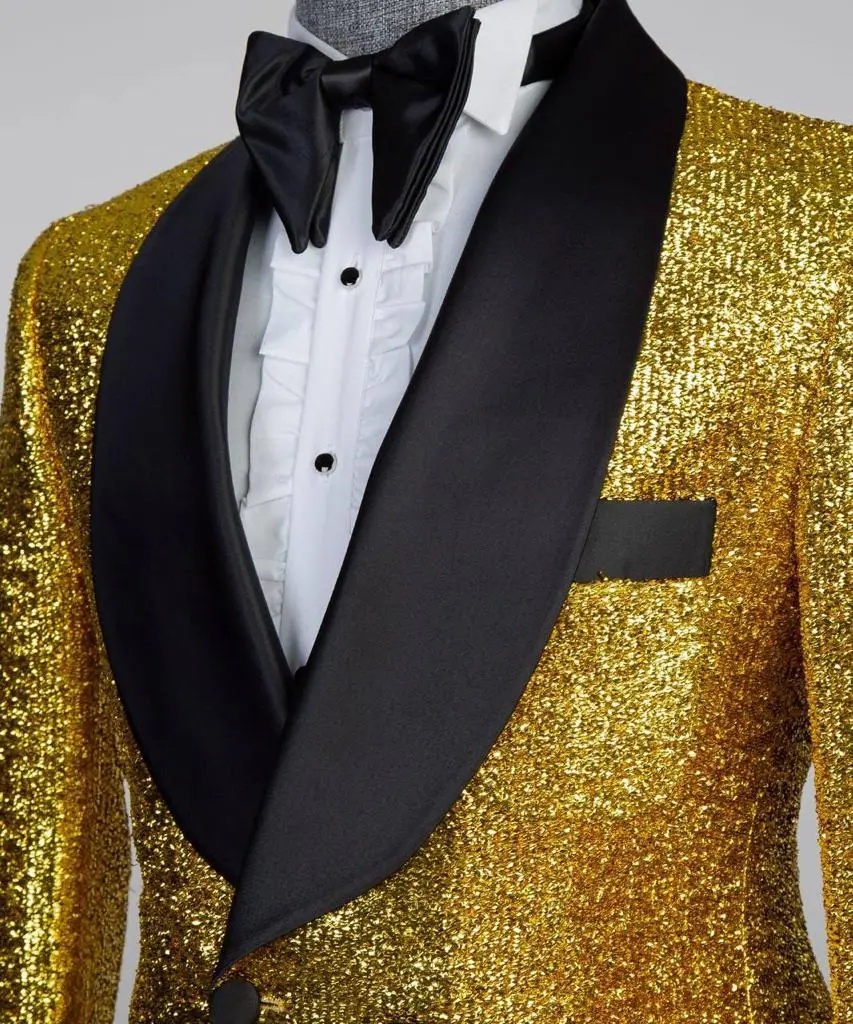 Men's 3 Piece Double Breasted Black and Shiny Gold Tuxedo — photograph 2