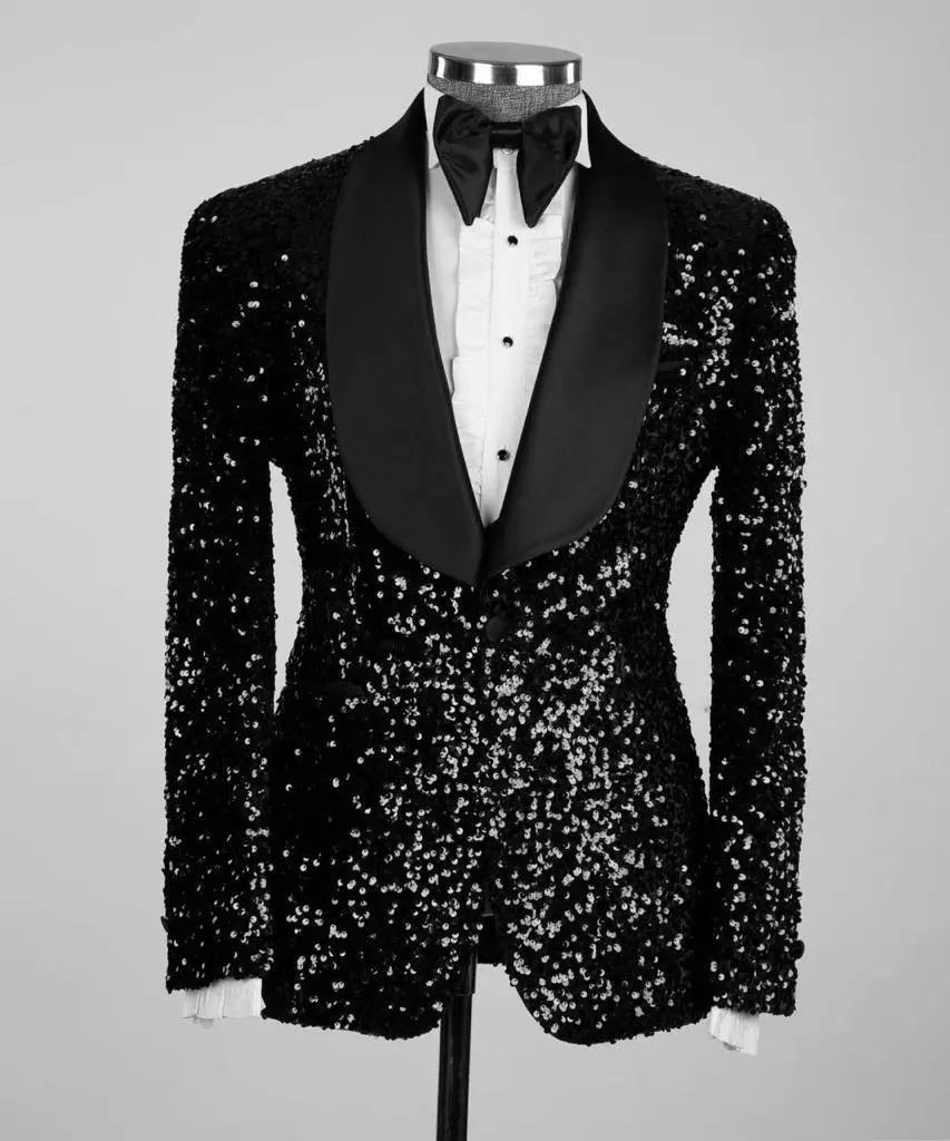 Men's 3 Piece Black Sequin Tuxedo — photograph 1