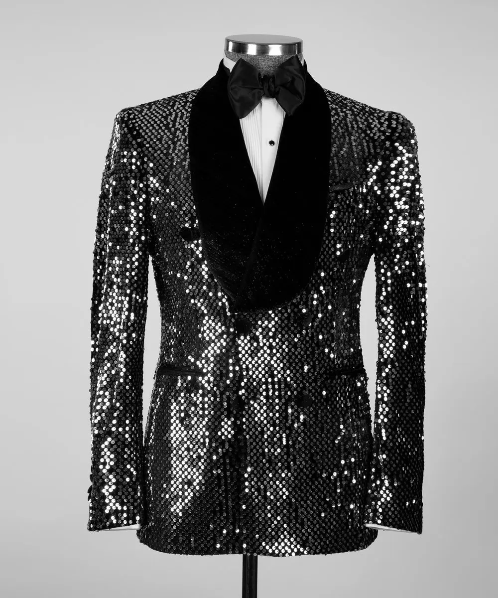 Men's 2 Piece Shining Tuxedo, Black Sequin Suit — photograph 1