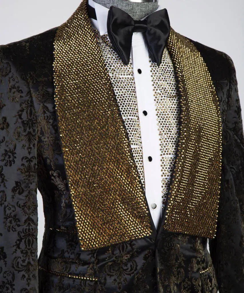 Men's 3 Piece Stone Designed Gold/Black Tuxedo — photograph 2