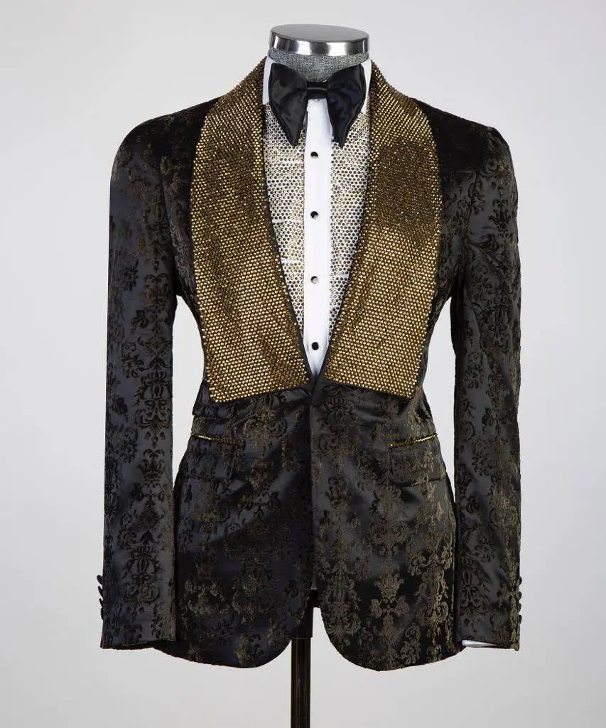 Men's 3 Piece Stone Designed Gold/Black Tuxedo — photograph 4