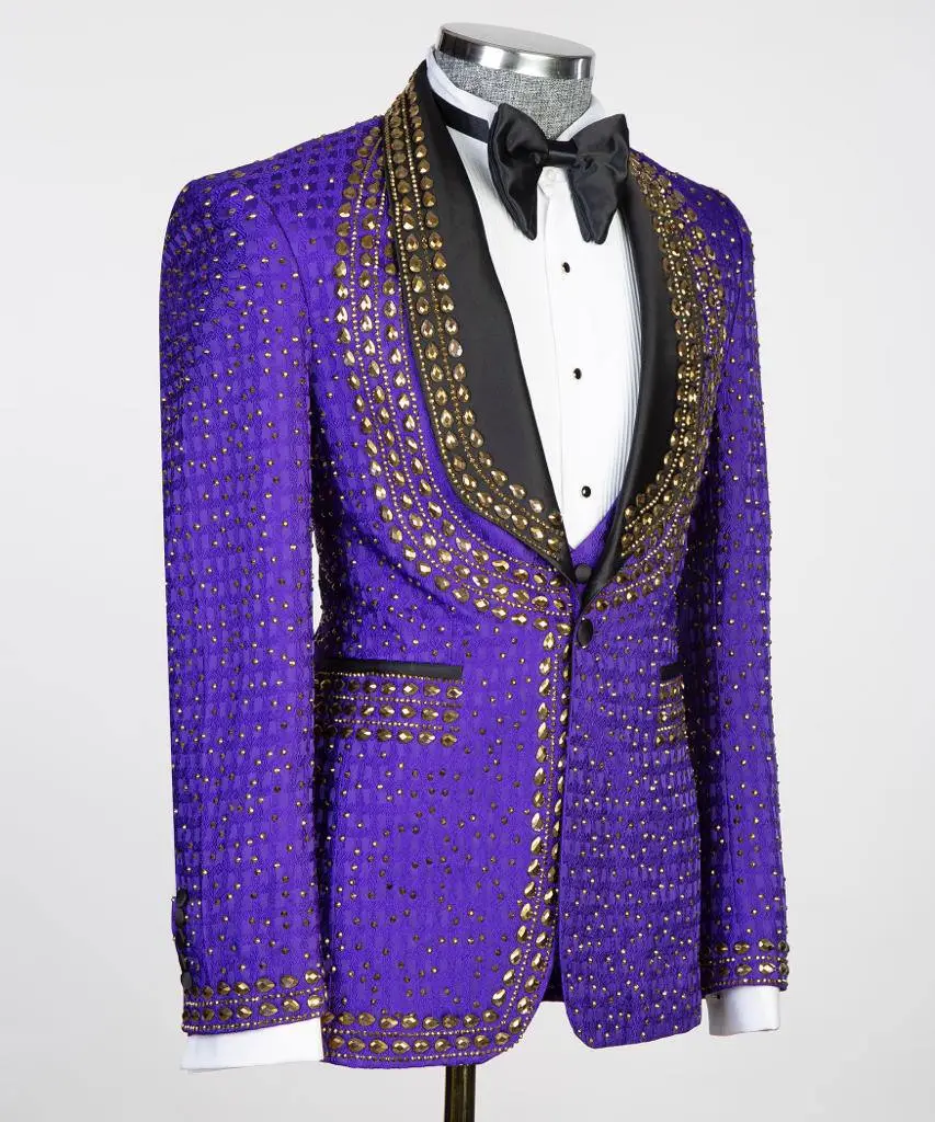 Men's 3 Piece Purple Tuxedo, Beaded Costume Suit — photograph 4