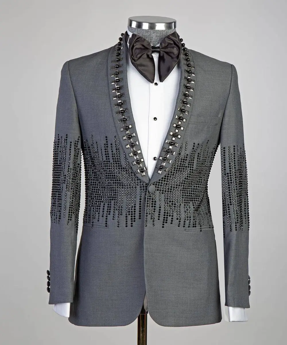 Men's 2 Piece Grey Tuxedo Suit Stone Stitched — photograph 1
