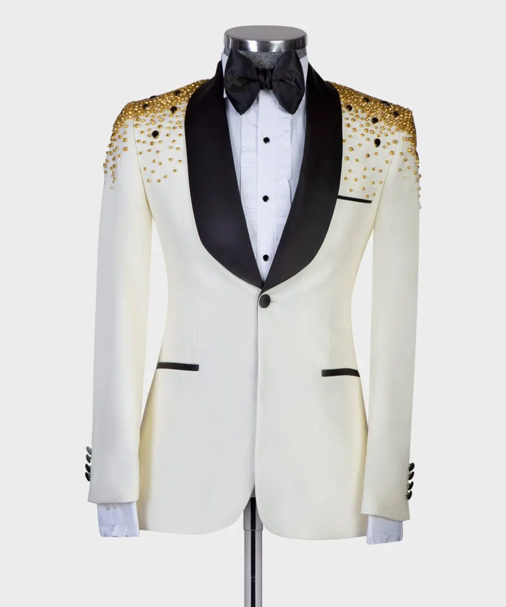 Men's 2 Piece Tuxedo, Suit, Beige,Beaded Stylish — photograph 1