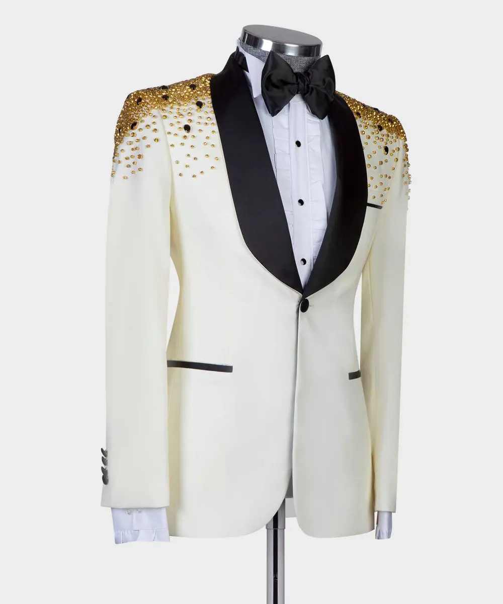 Men's 2 Piece Tuxedo, Suit, Beige,Beaded Stylish — photograph 2