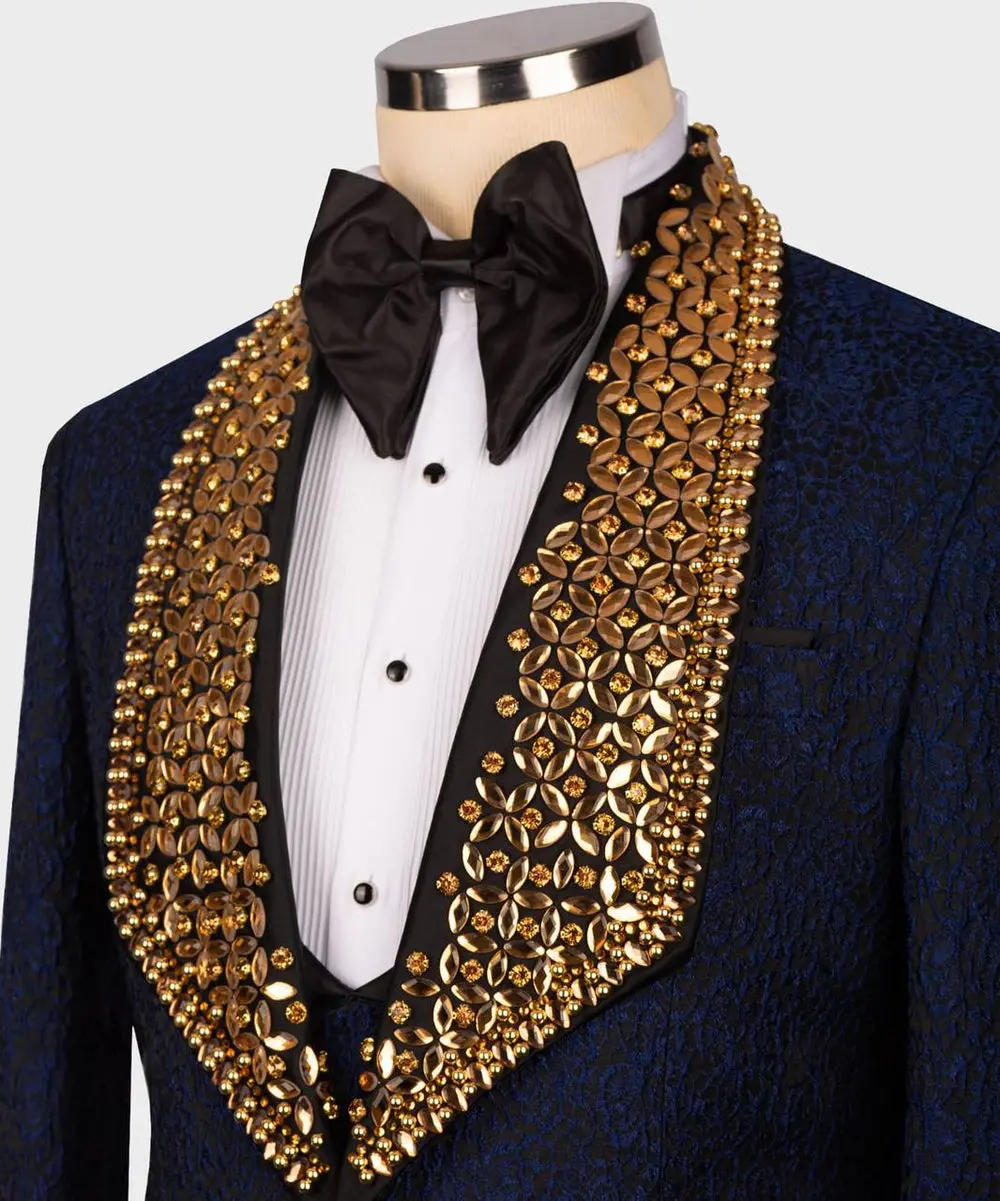 Men's 3 Piece Stone Stitched Navy/Gold Tuxedo — photograph 2