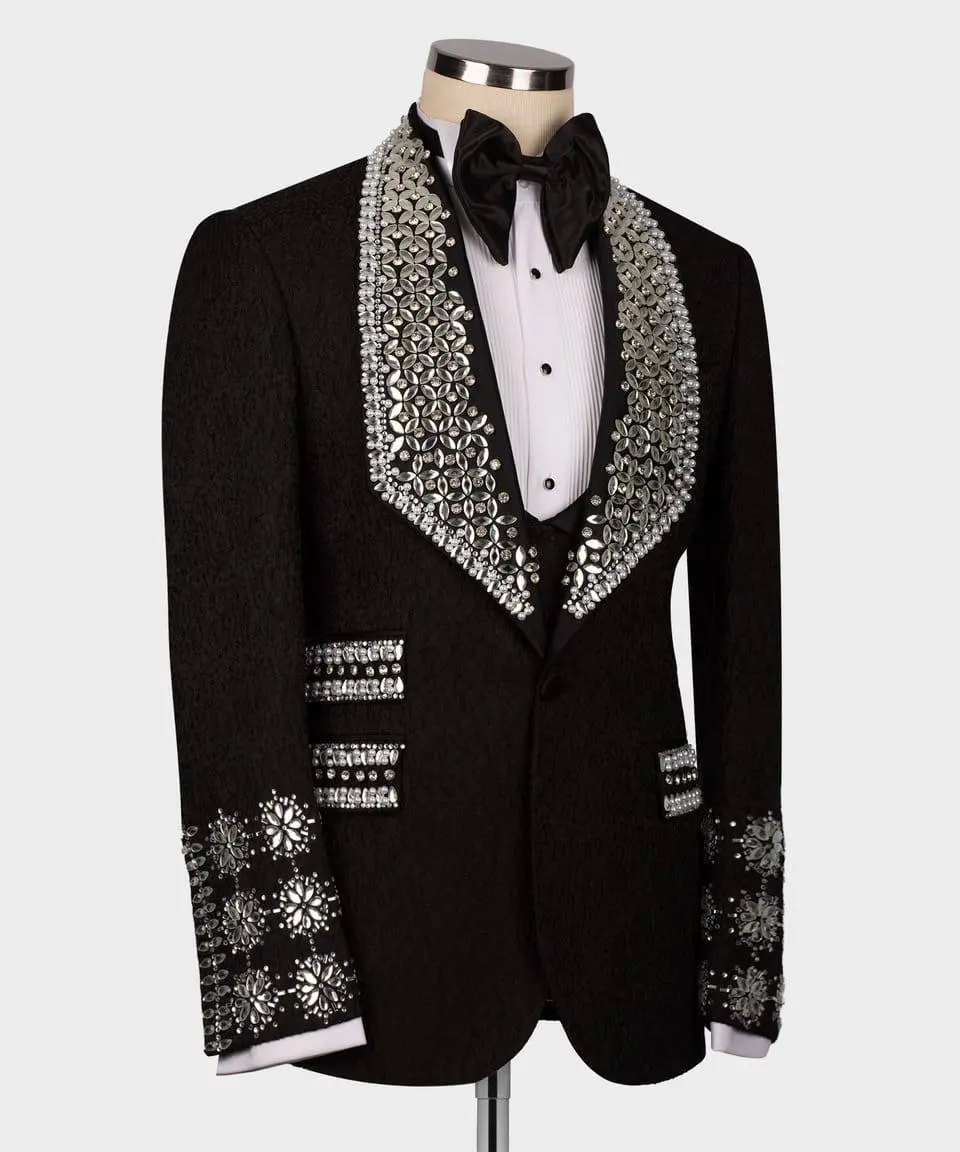 Men's 3 Piece Stone Stitched Navy/Gold Tuxedo — photograph 9