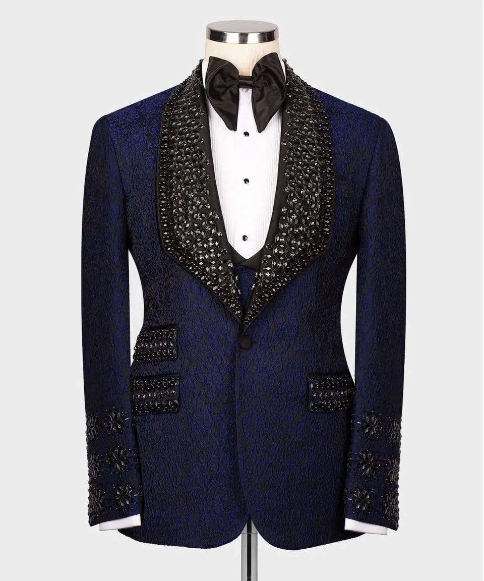 Men's 3 Piece Stone Stitched Navy/Gold Tuxedo — photograph 10