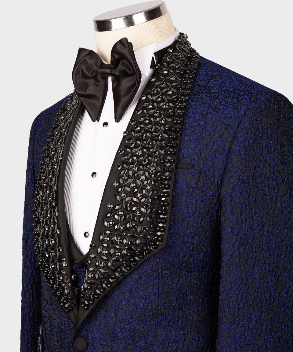 Men's 3 Piece Stone Stitched Navy/Gold Tuxedo — photograph 11