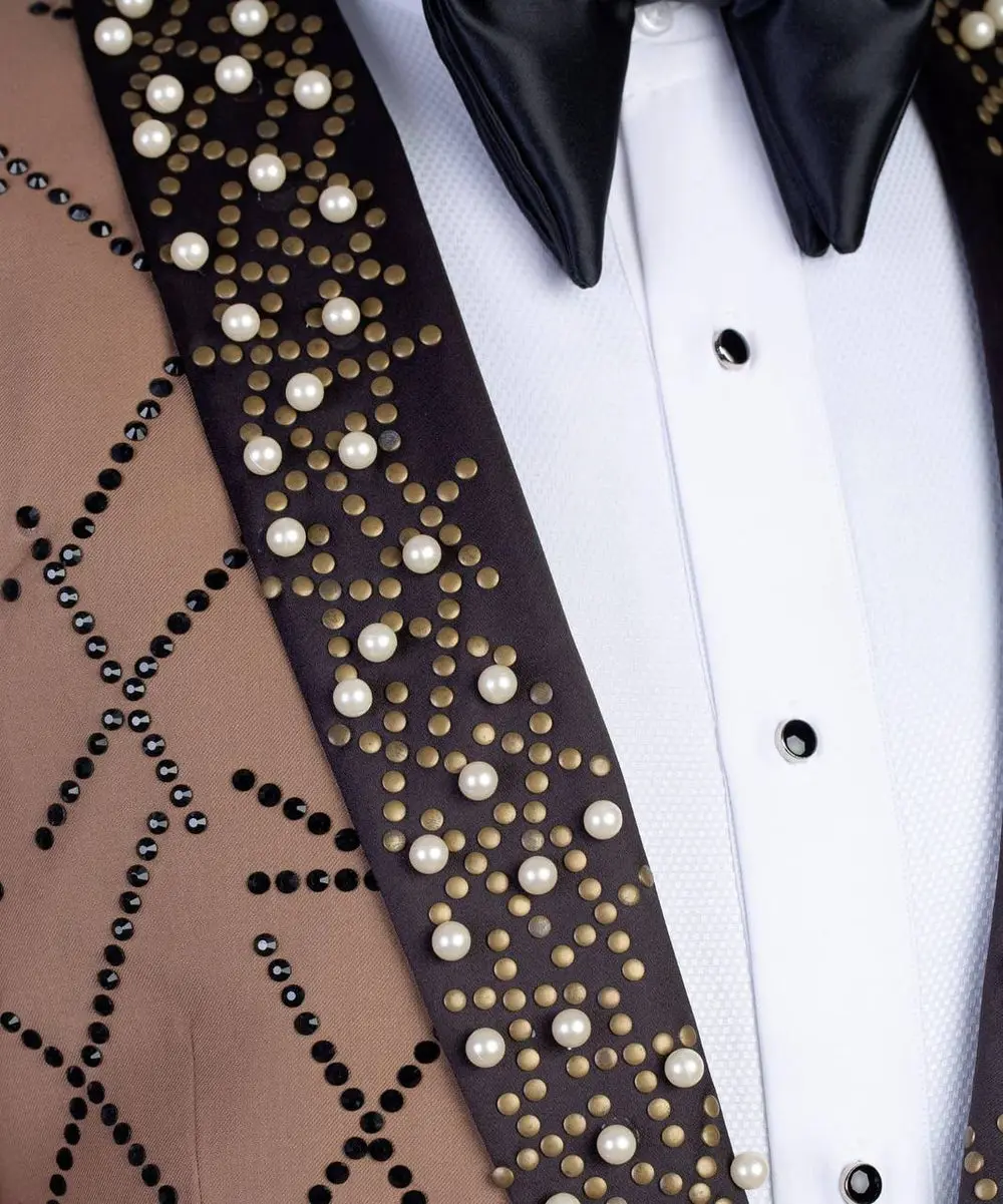 Men's 2 Piece Stone Stitched Brown Tuxedo Suit — photograph 4
