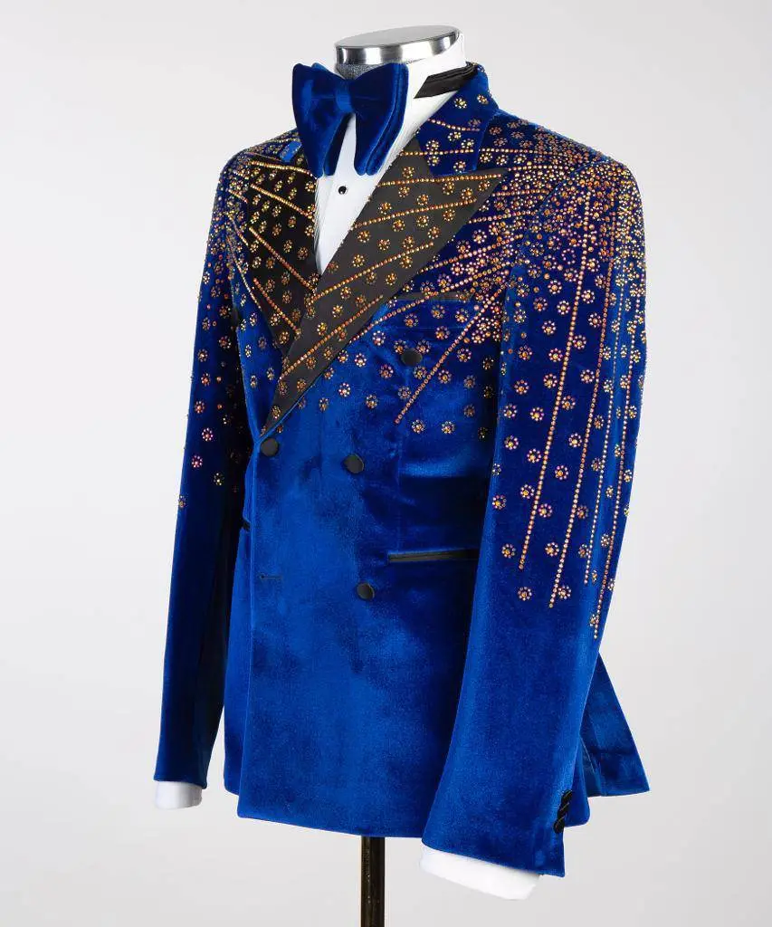 Blue Velvet Tuxedo, Gold Rhinestone, Double-Breasted — photograph 3