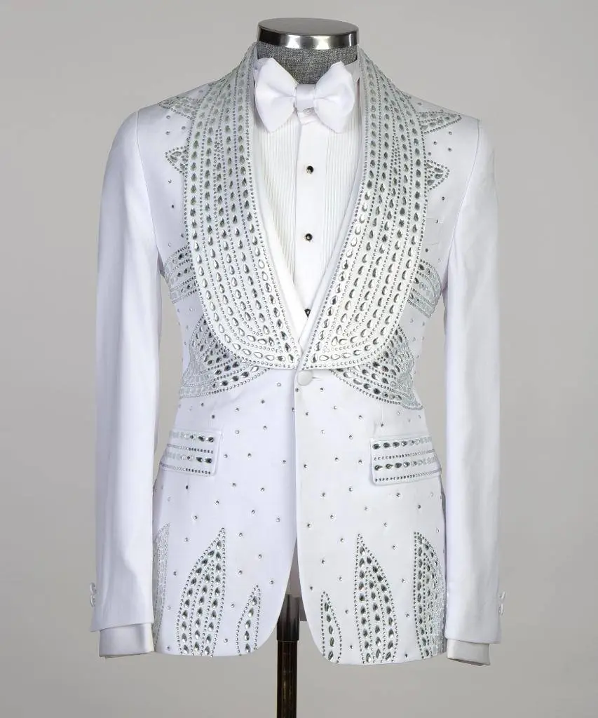 Men's 3 Piece Stone Designed White Tuxedo — photograph 1