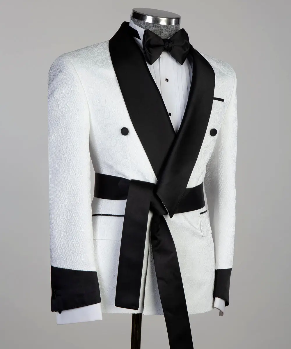 White Tuxedo with Black Collar,Belted — photograph 3