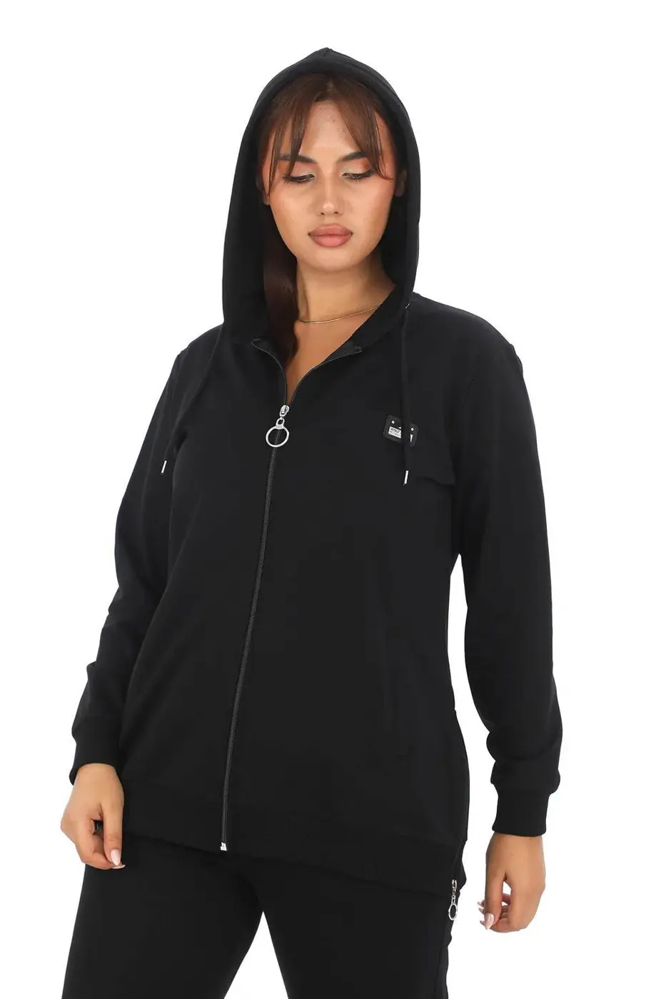 Women's Black Hooded 2-Piece Tracksuit Set — photograph 2
